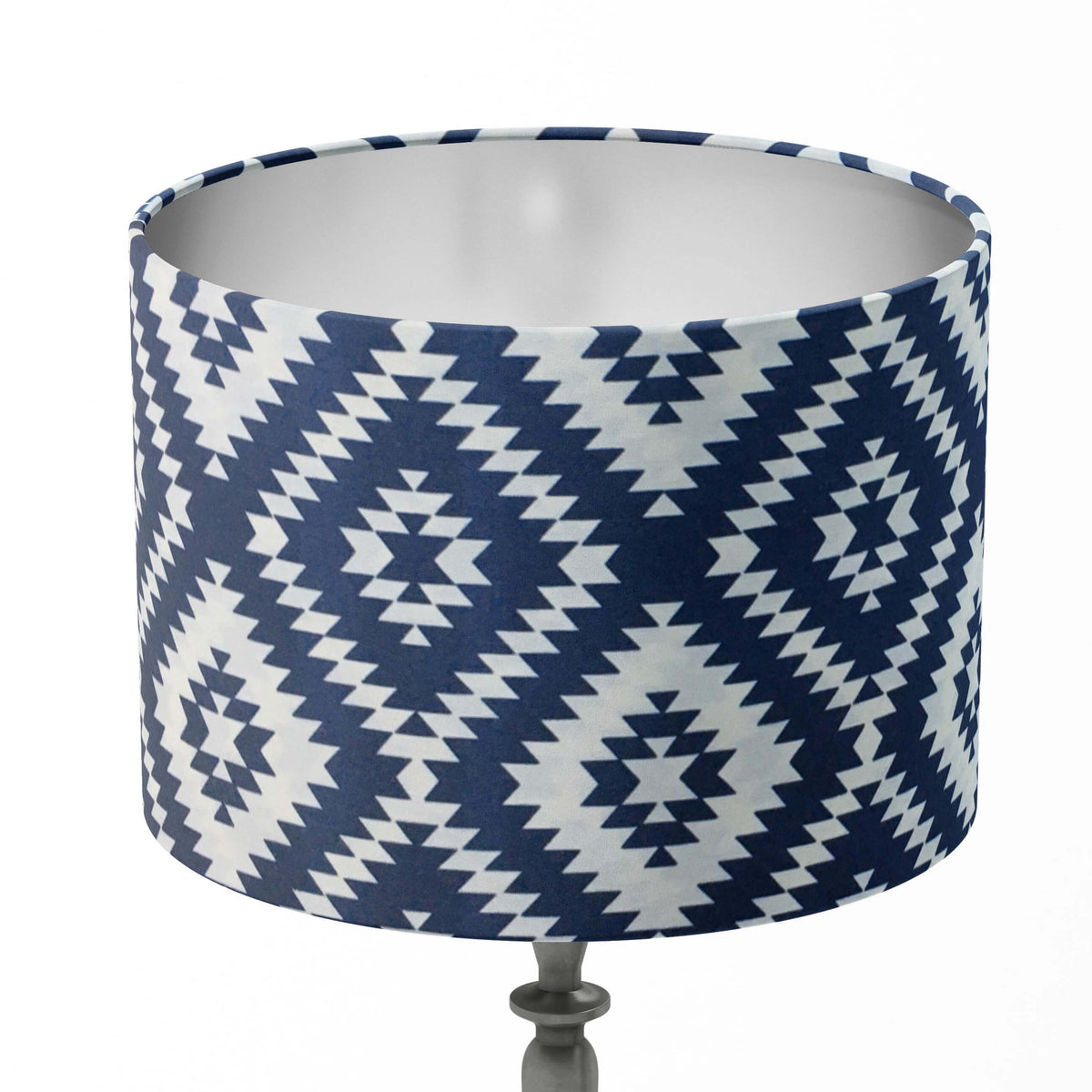 Ikat diamond print lampshade in navy blue and white.