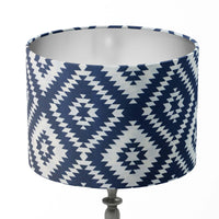 Ikat diamond print lampshade in navy blue and white.