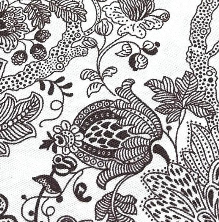 Colouring Line Fabric, Drawing Art Dark Brown White Floral Upholstery Fabric