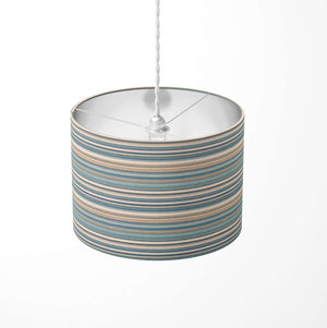 A duck egg blue, beige and brown pinstriped ceiling lampshade on a white background.