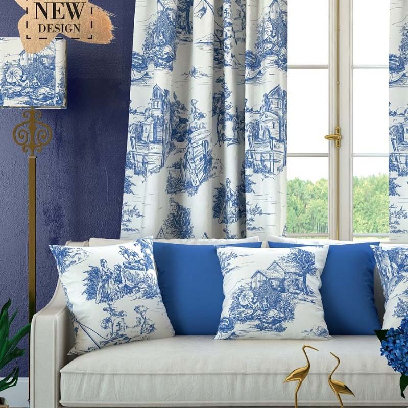 A living room showcase featuring matching curtain fabric and upholstery fabric in a classic blue and white toile de Jouy pattern