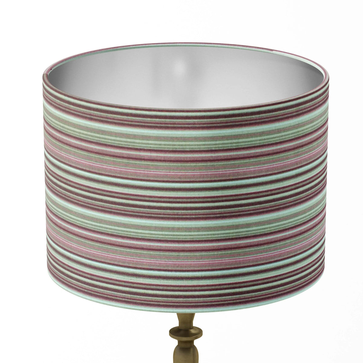 Dusky pink and brown striped lampshade with a white background.