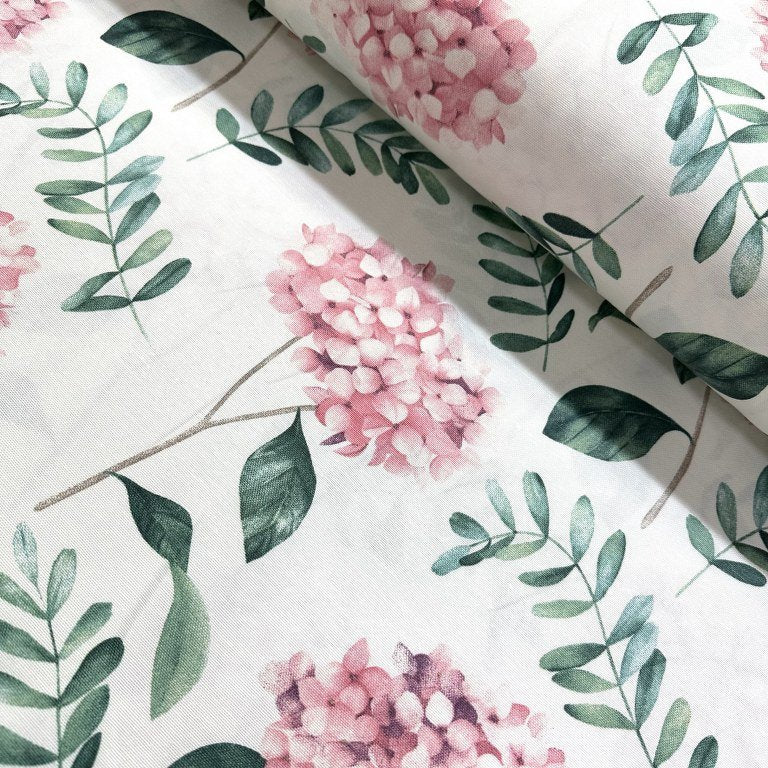 Hydrangea Fabric, Pink Floral Upholstery Fabric, Pastel Flower Print Fabric