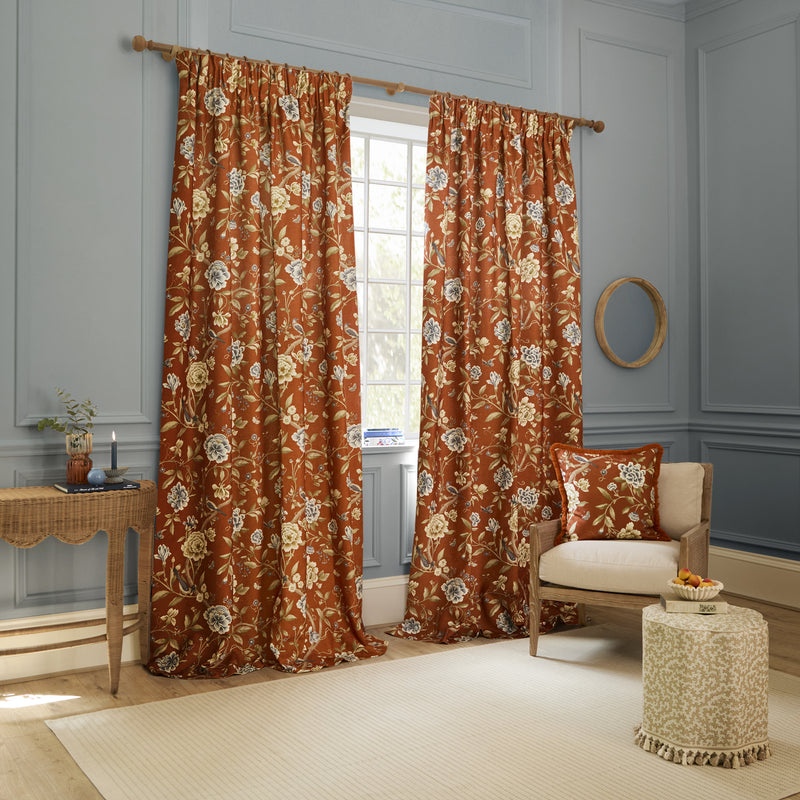 Sanderson Porcelain Garden Terracotta Floral Pencil Pleat Curtain Rust
