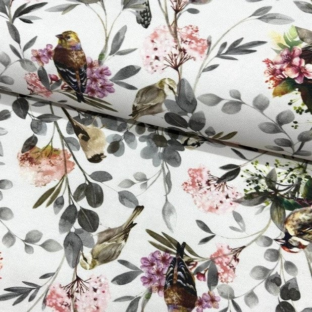 Botanical nature, bird and flowers print cotton canvas upholstery curtain fabric.