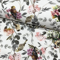 Botanical nature, bird and flowers print cotton canvas upholstery curtain fabric.