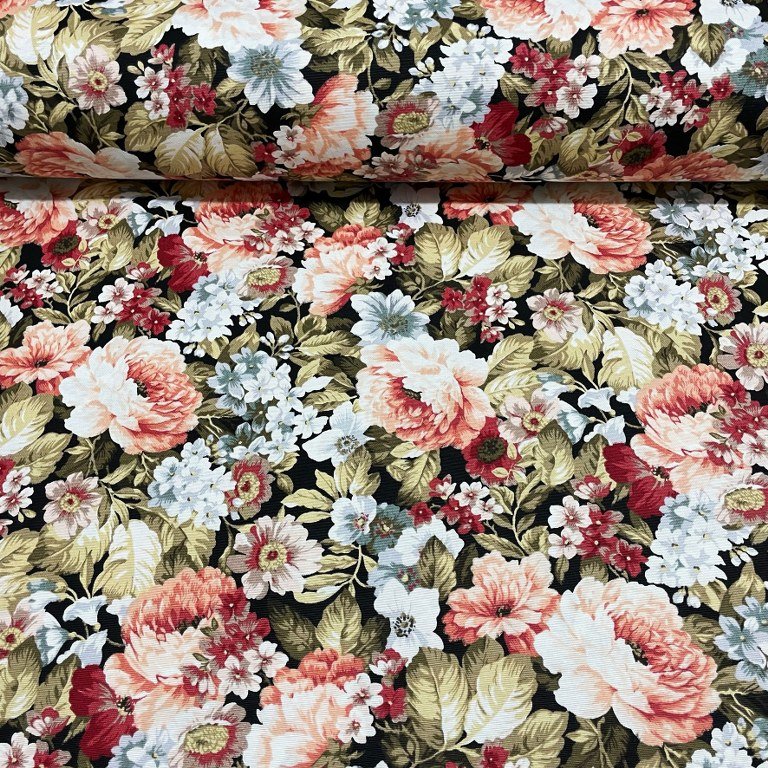 Vermillion pink light blue flowers and khaki leaves printed on cotton canvas upholstery fabric