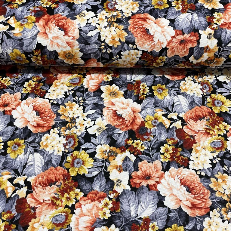 Vermillion yellow flowers and indigo blue leaves patterned cotton canvas curtain upholstery fabric