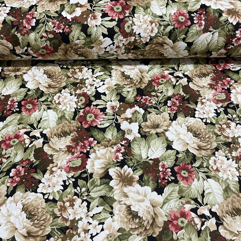 Burgundy and tan flowers, roses and green leaves print cotton curtain upholstery fabric