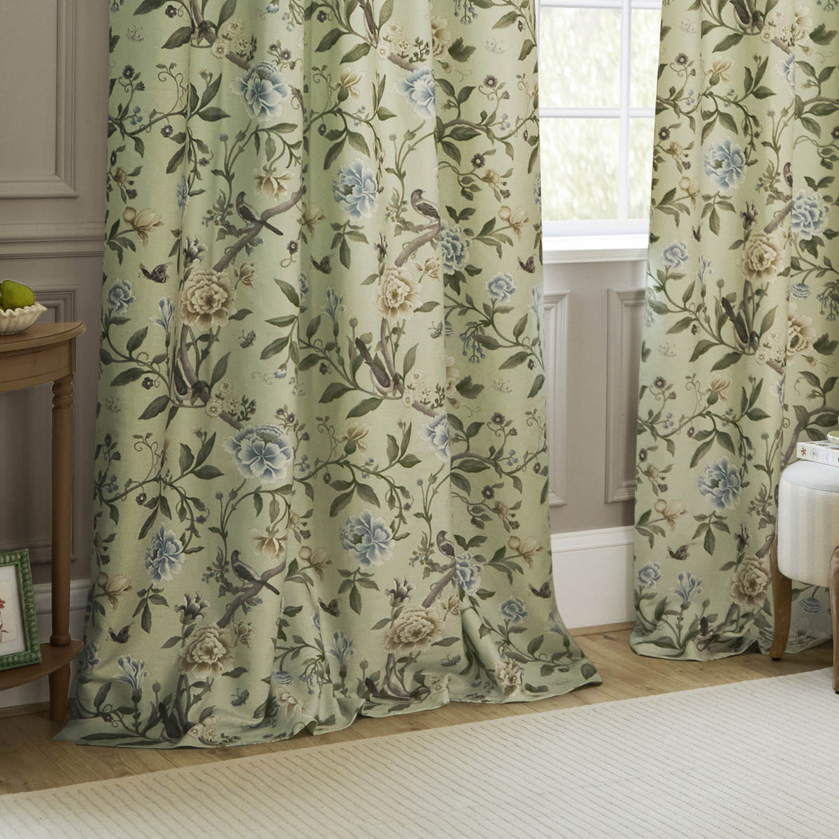 Sanderson Porcelain Garden Flower Print Sage Green Pencil Pleat Curtain