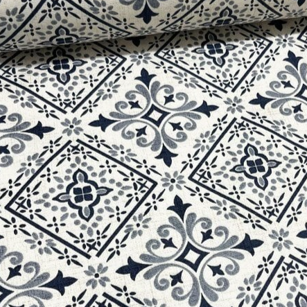 Floral tile print upholstery curtain fabric in charcoal, grey and white.
