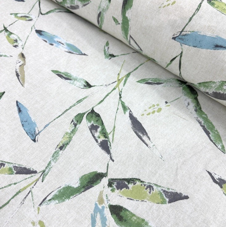 Green Blue Leaves Fabric, Linen Look Cotton Curtain Upholstery Fabric