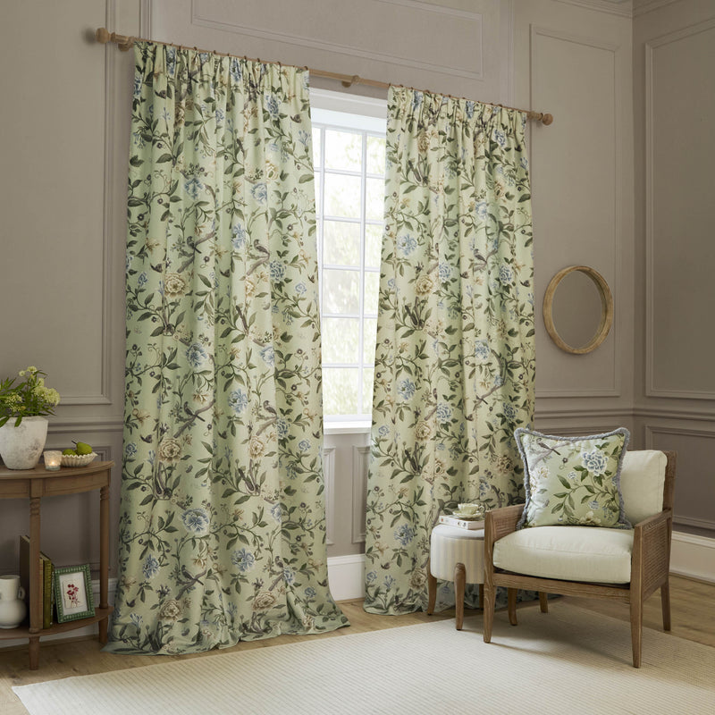 Sanderson Porcelain Garden Flower Print Sage Green Pencil Pleat Curtain