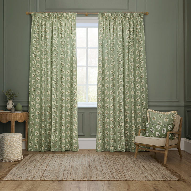 Sanderson Sessile Leaf Pattern Pencil Pleat Sage Green Curtains Ready Made
