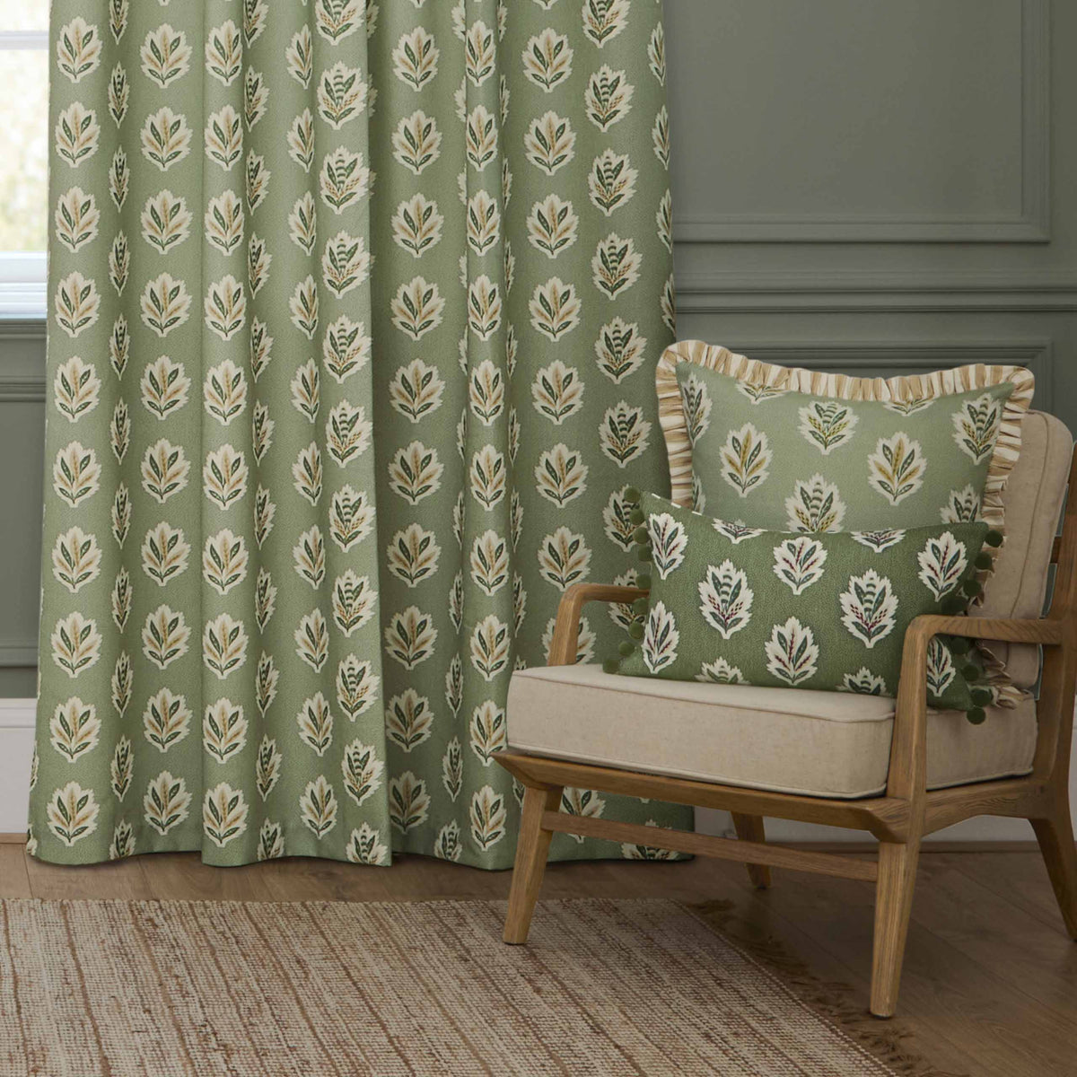 Sanderson Sessile Leaf Pattern Pencil Pleat Sage Green Curtains Ready Made