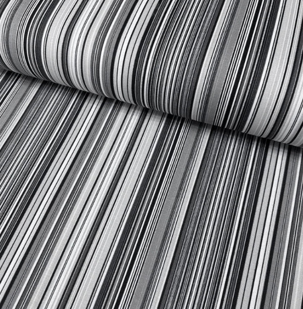 Black, grey and white striped fabric for upholstery, curtain, soft furnishing and home decor crafts.