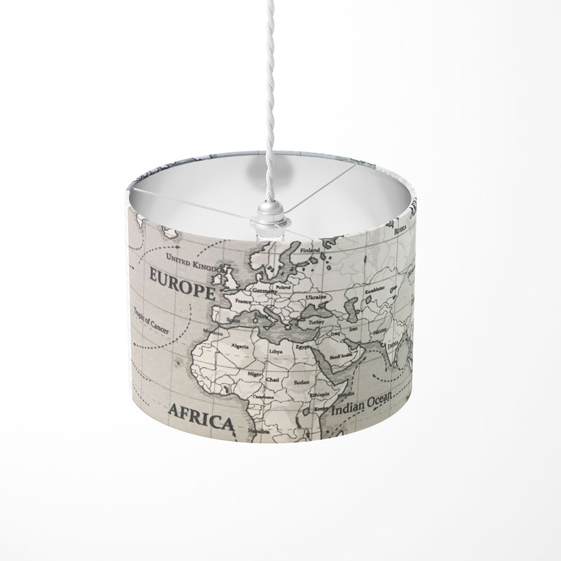 World Map Lamp Shade, Grey Drum Lampshade, Atlas Handmade Pendant Shade