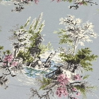 Italian venice gondola and green trees print light blue upholstery fabric.