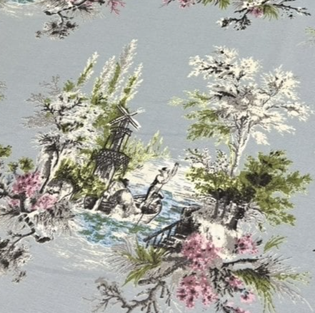 Italian venice gondola and green trees print light blue upholstery fabric.