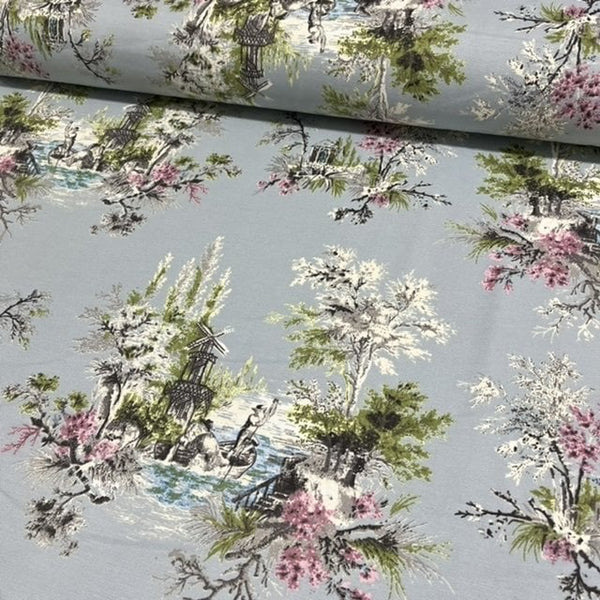 Ice blue french toile fabric featuring a floral and landscape pattern, typically used for upholstery, curtain or crafting projects.