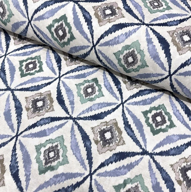 Indigo blue green grey white ikat pattern cotton canvas upholstery fabric