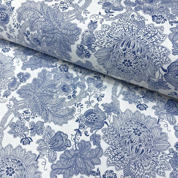Blue hand drawn line art upholstery fabric decorated with flowers roses and leaves 