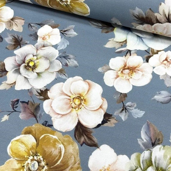 Anemone Fabric, Indigo Blue White Floral Outdoor Curtain Upholstery Fabric