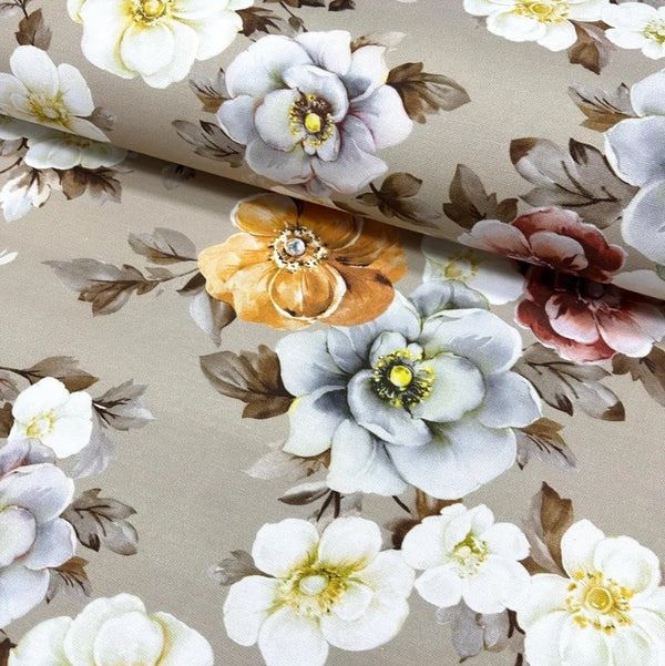 A beige floral upholstery fabric with a large print of white and mustard flowers, suitable for home decor and sewing projects.