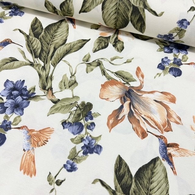 Magnolia Flower Fabric, Floral Upholstery Fabric, Bird Print Curtain Fabric