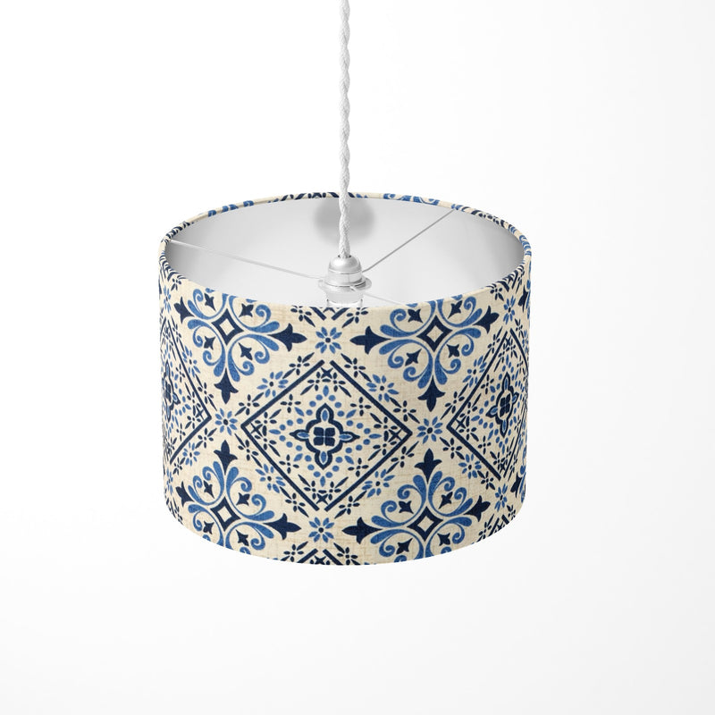 Tile Print Lampshade, Blue White Lamp Shade, Spanish Moroccan Ceramic Lampshade