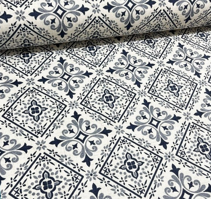 Grey and white turkish ceramic ornamental tile printed fabric for upholstery soft furnishing and home decor.