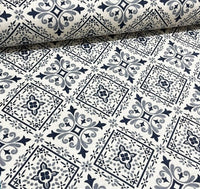 Grey and white turkish ceramic ornamental tile printed fabric for upholstery soft furnishing and home decor.