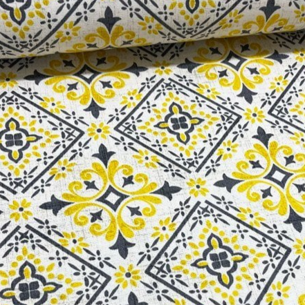 Dark grey and yellow ceramic tile print cotton canvas upholstery fabric.