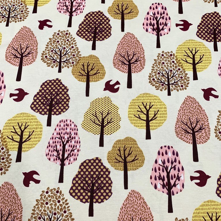 Pink yellow trees bird fall autumun pattern cotton canvas upholstery fabric