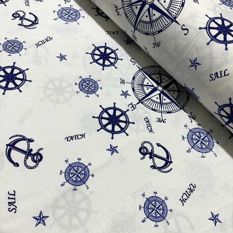 Nautical Fabric, Boat Fabric, Blue White Anchor Compass Print Upholstery Fabric
