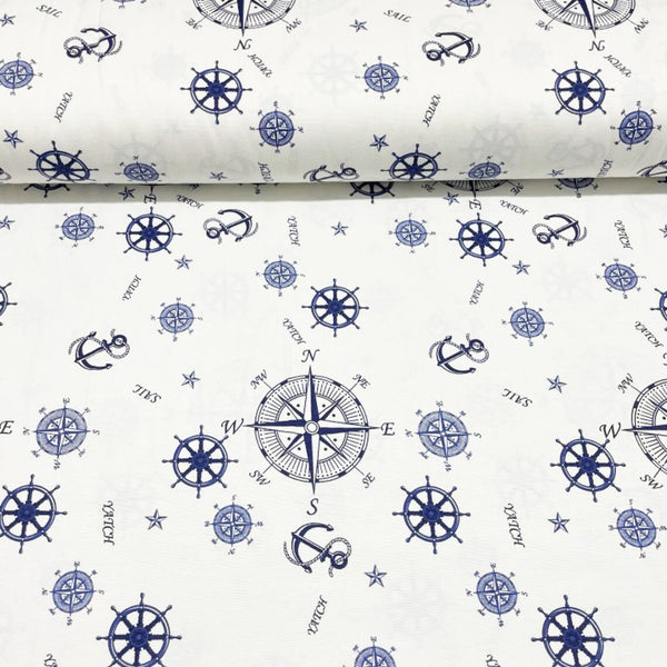 Nautical Fabric, Boat Fabric, Blue White Anchor Compass Print Upholstery Fabric