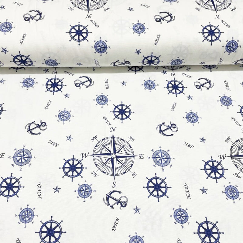 Nautical Fabric, Boat Fabric, Blue White Anchor Compass Print Upholstery Fabric