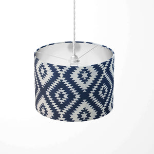 Navy blue and white aztec pattern lampshade for ceiling.