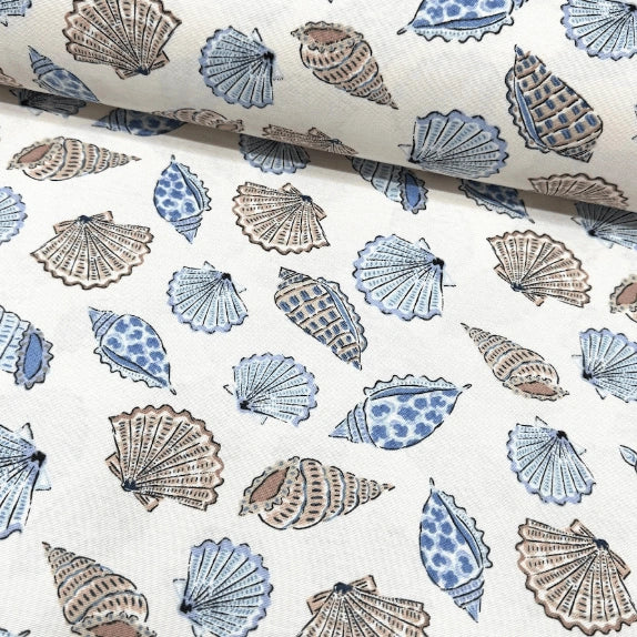 Blue white nautical, seashell, beach print fabric for upholstery, curtain, cushion cover, chair and home decor crafts.