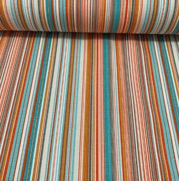 Orange and teal blue stripe upholstery, curtain, soft furnishing fabric.  