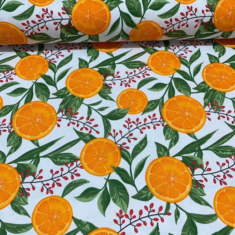 Orange Tree Fabric, Fruit Citrus Green Leaves Botanical Upholstery Fabric