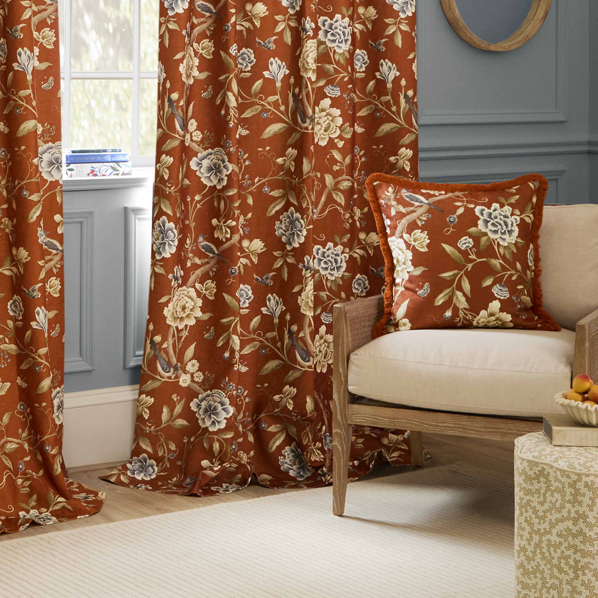 Sanderson Porcelain Garden Terracotta Floral Pencil Pleat Curtain Rust