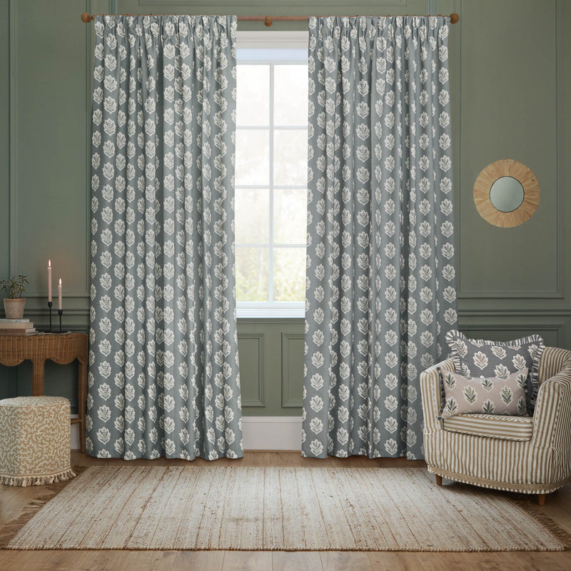 Sanderson Sessile Leaf Pattern Pencil Pleat Ready Made Curtains Delph Blue