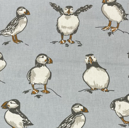 Puffin Fabric, Bird Upholstery Fabric, Blue Animal Print Curtain Fabric