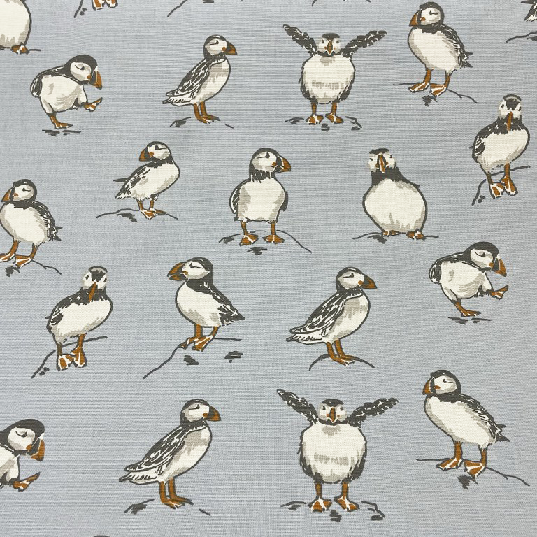 Puffin Fabric, Bird Upholstery Fabric, Blue Animal Print Curtain Fabric