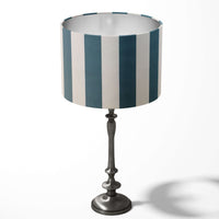 Table lampshade with teal blue and white stripes on a white background.