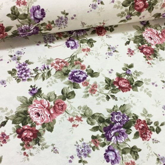 Vintage Rose Fabric, Pink Purple Floral Cotton Curtain Upholstery Fabric