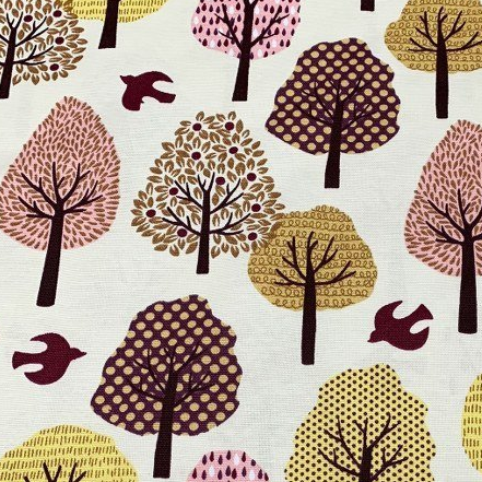 Nature Print Fabric, Pink Yellow Tree Bird Botanical Upholstery Fabric