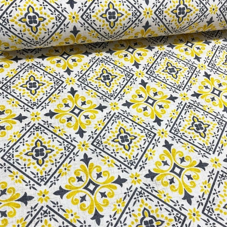 Spanish tile pattern cotton canvas upholstery curtain fabric with yellow and grey geometric shapes