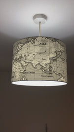 World Map Lamp Shade, Grey Drum Lampshade, Atlas Handmade Pendant Shade